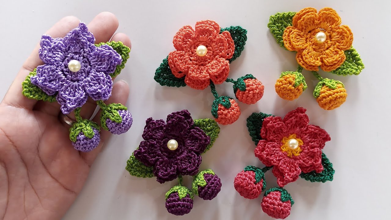FLOR E FRUTAS APLIQUE EM CROCHÊ | PASSO A PASSO - Valdenete crochê artes e reciclagem