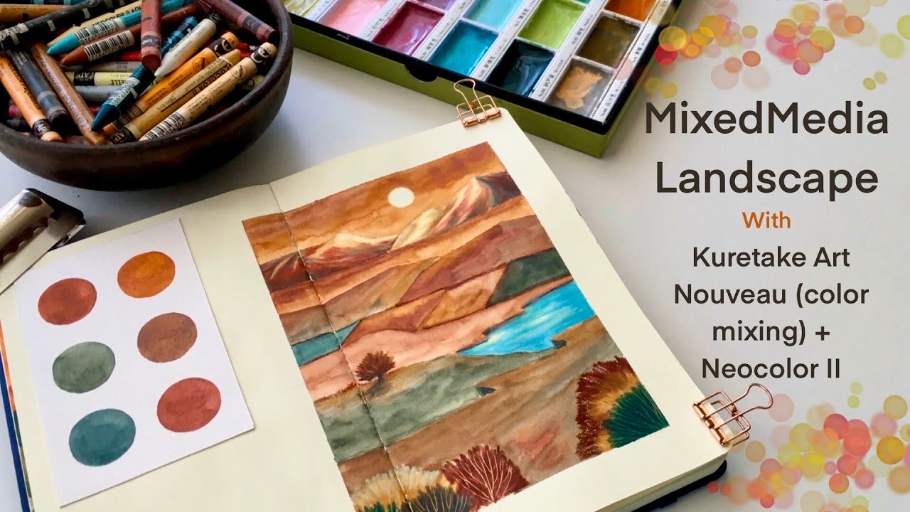 MixedMedia landscape With Kuretake Art Nouveau & Neocolors II + Color Mixing