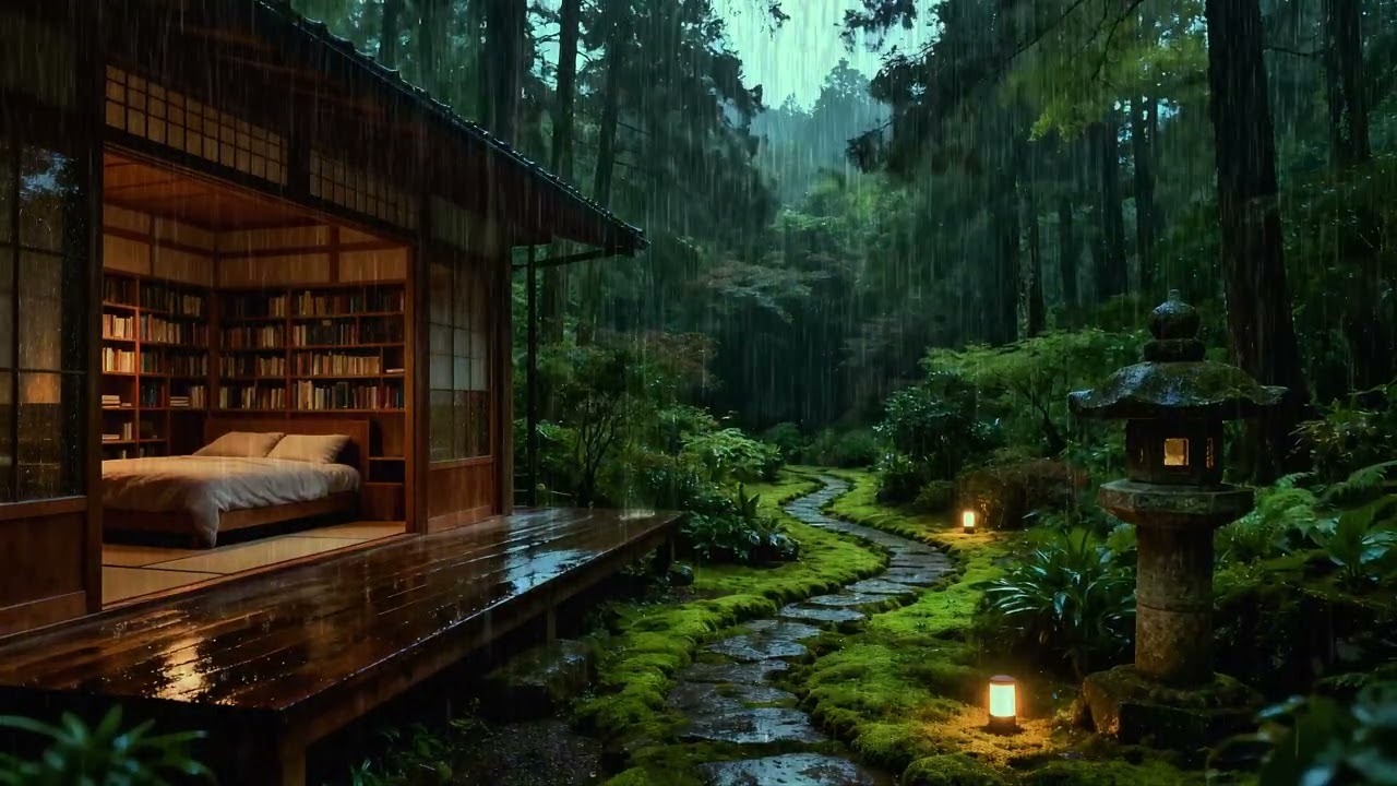 Heavy Rain in a Japanese Garden 🌧️ Cozy Forest Cabin at Night | Deep Sleep Ambience