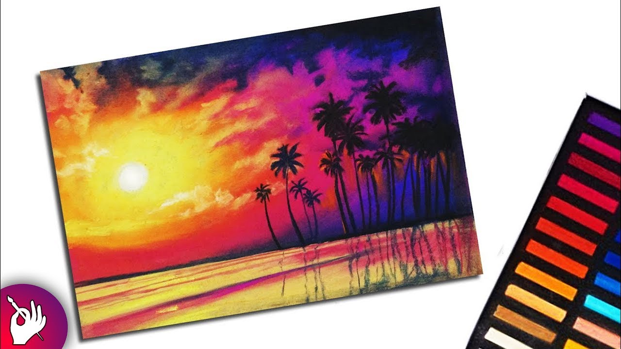 How to draw scenery of sunset with soft pastels