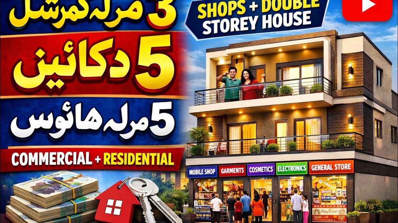 3 مرلہ کمرشل 5 دکانیں- 5 مرلہ ہاؤس Commercial + Residential Property | Shops + Double Storey House