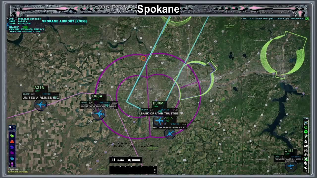 KGEG | SkyGlass Real-Time Air Traffic Radar • LiveATC Audio • Ambient Aviation