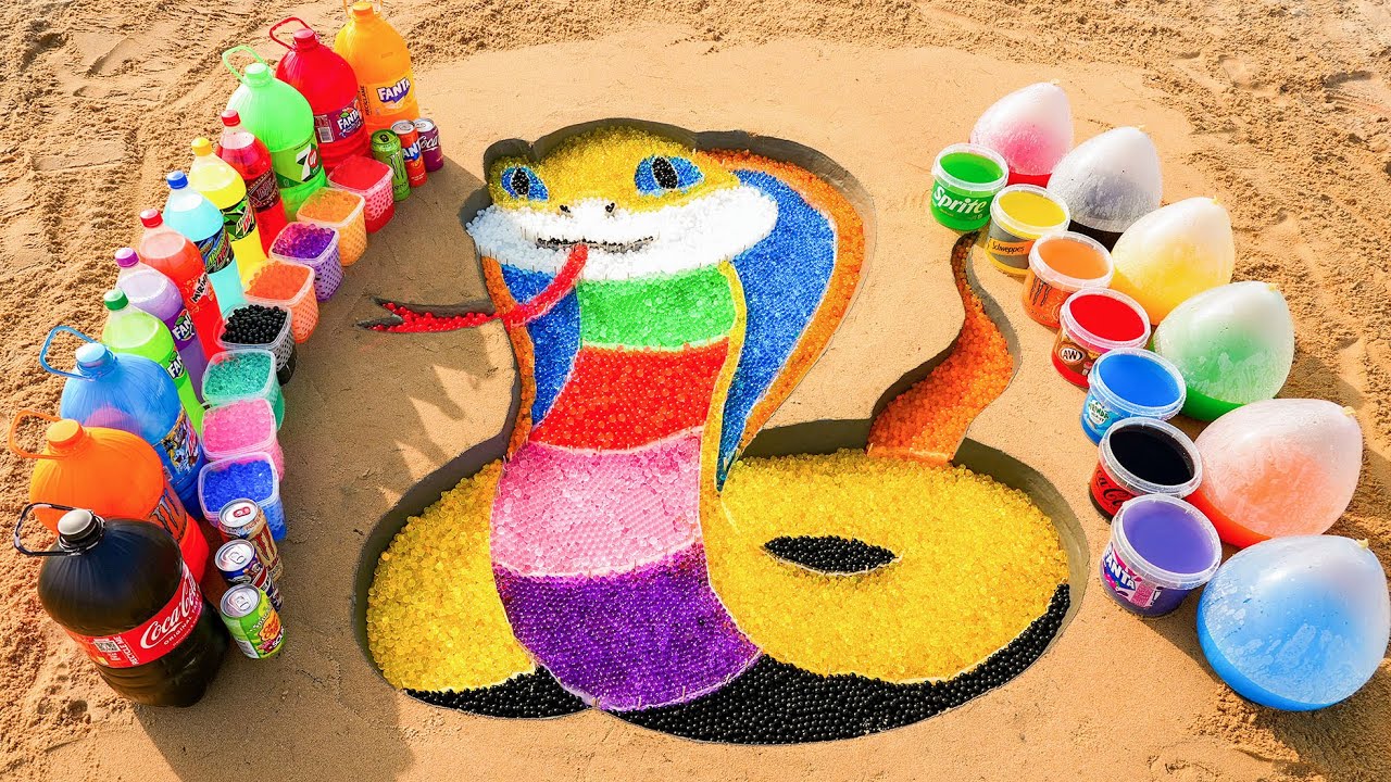How to make Cobra with Rainbow Orbeez, Balloons Fanta, Coca Cola, Monster vs Mentos & Popular Sodas