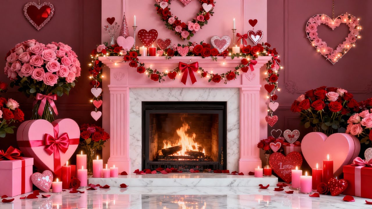 🌹💘 Classic Pink Valentine’s Fireplace Ambience ❤️ Cozy Candlelight & Crackling Fire Sounds