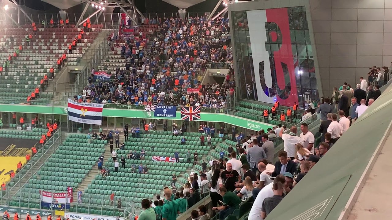 Legia - Rangers Glasgow. Rangers fans chanting after the game with Legai in Warsaw. 22.08.2019