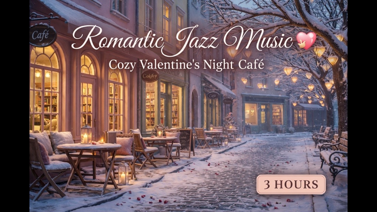Cozy Valentine’s Night Café Ambience in Snowy European Street (4K) 💕| 3 Hours Romantic Jazz Music
