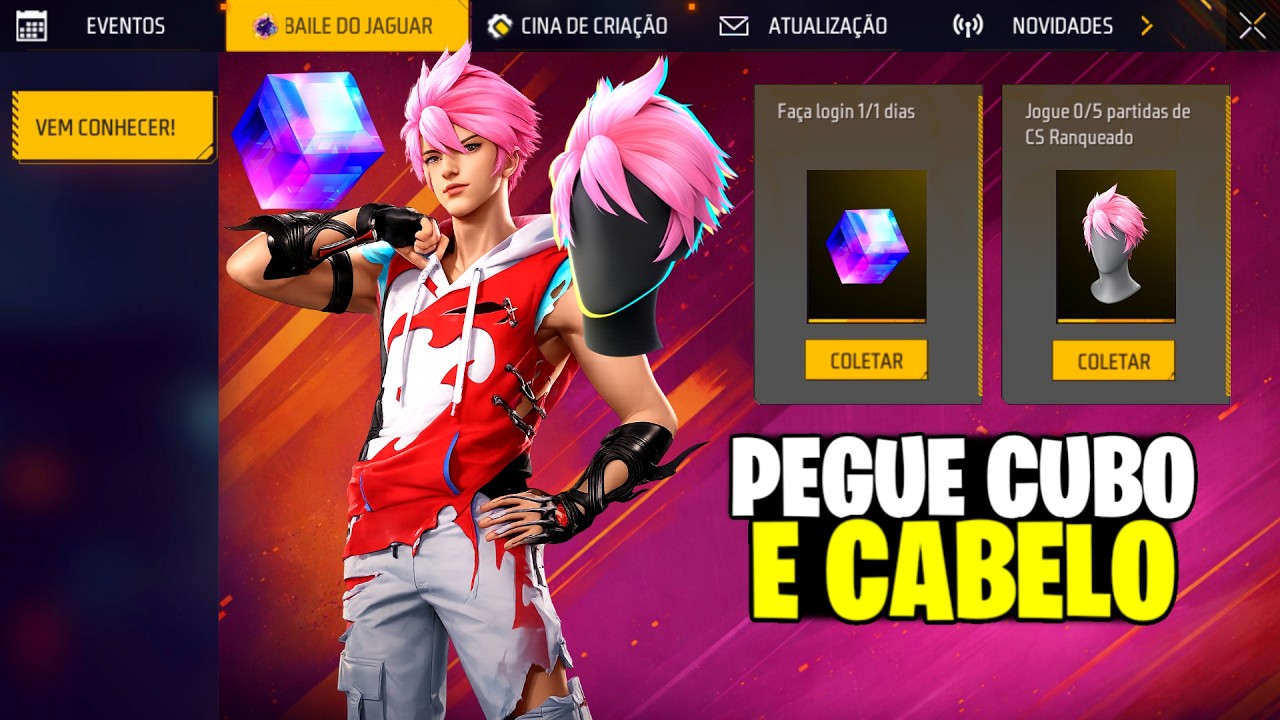 É AMANHÃ! PEGUE O CUBO, CABELO SOMBRA ROSA, EMOTE GRÁTIS E SKIN NO FREE FIRE