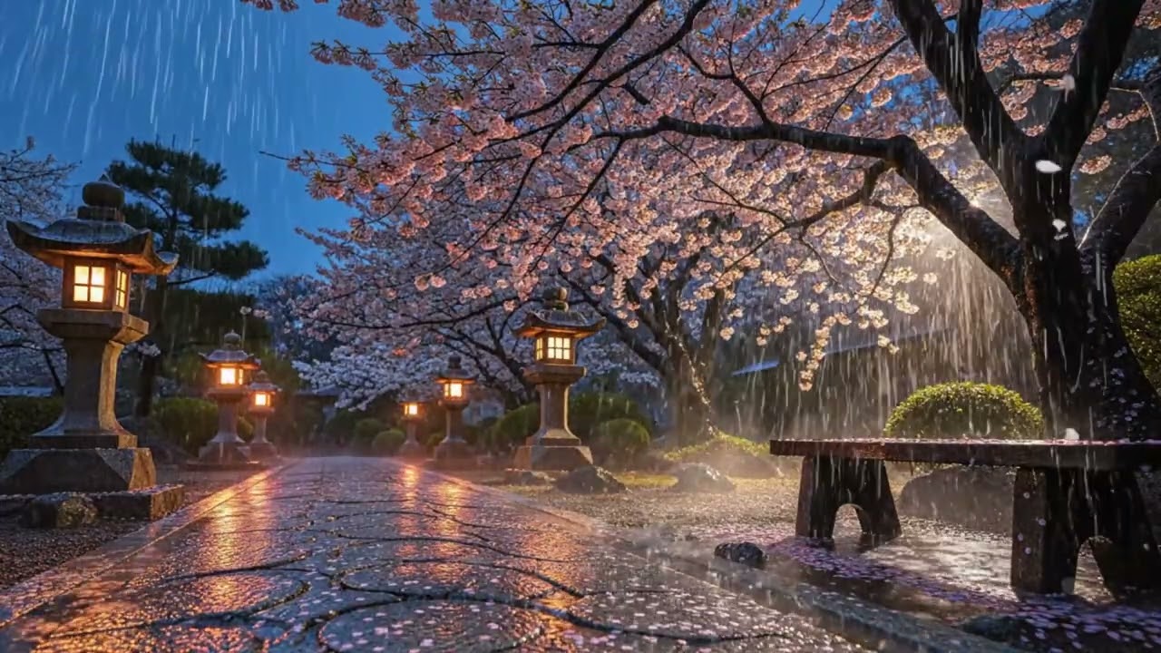 Fall Asleep to Gentle Rain in a Sakura Garden at Night