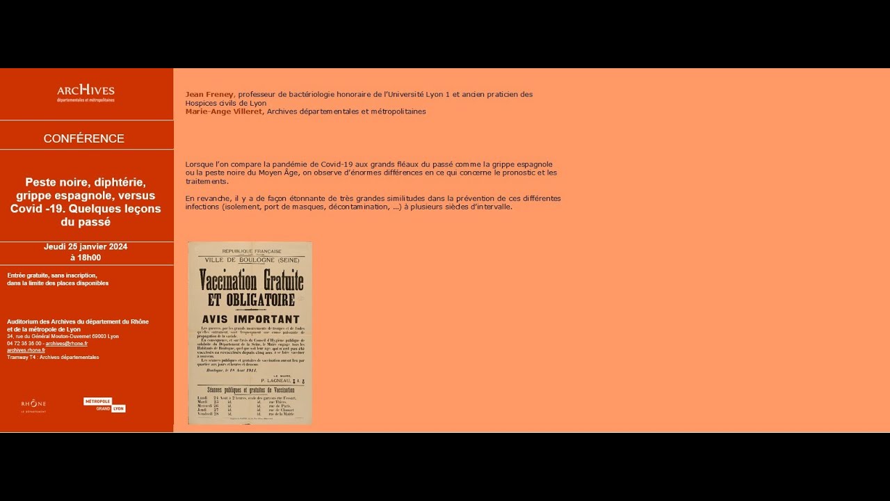 Conférence du jeudi 25 janvier :  Peste noire, diphtérie, grippe espagnole Versus Covid 19