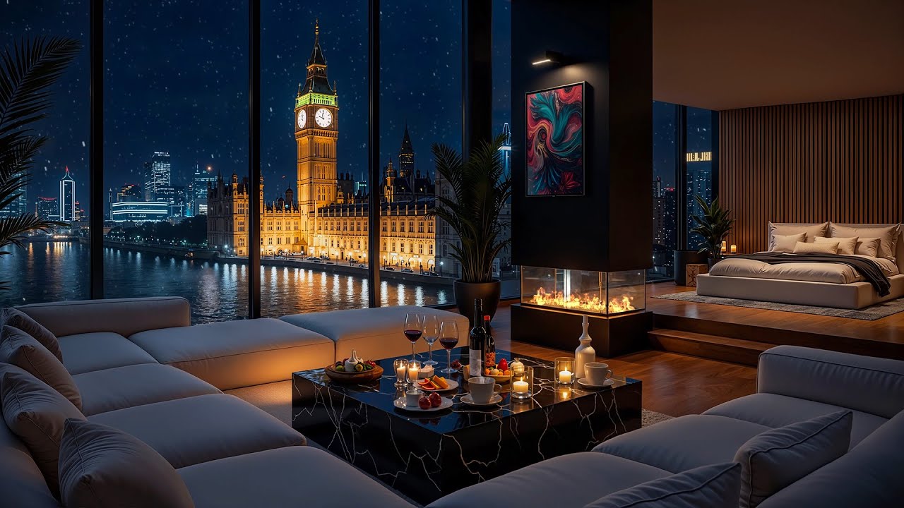 Winter Jazz Music | Cozy London Apartment Ambience with Smooth Jazz & Crackling Fireplace for Relax