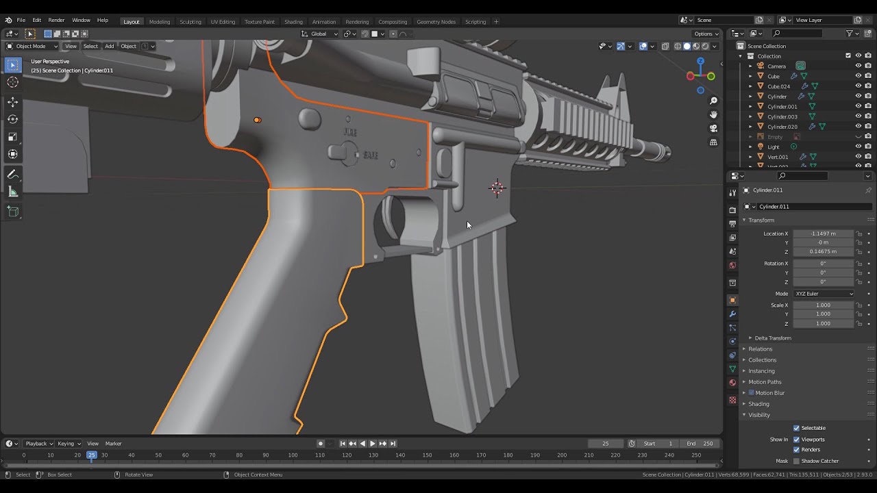 【Blender】Modeling smooth curved M4 grip