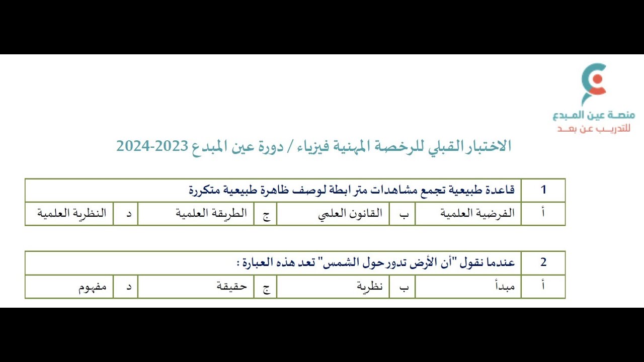 حل الاختبار القبلي #فيزياء #الرخصة_المهنية #السعودية #عين_المبدع بواقع 60 سؤال #تجميعات #الفيزياء