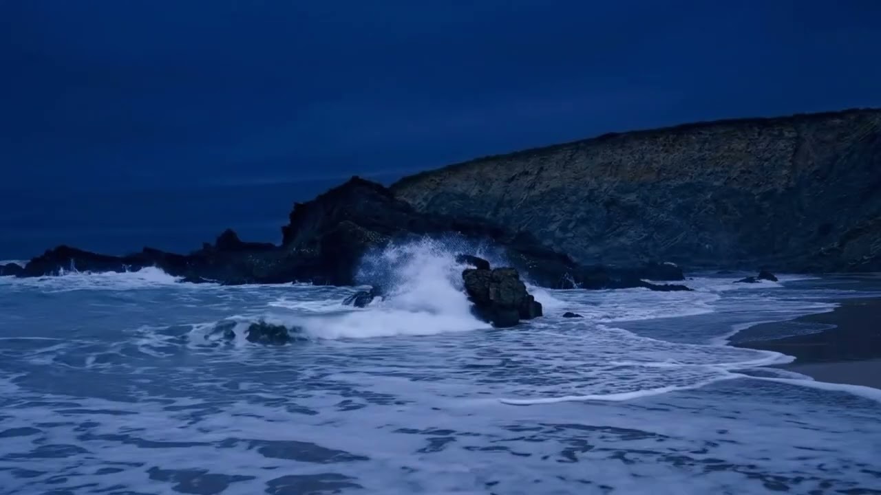 Midnight Ocean Waves on a Rocky Shore - 3.5 Hours of Relaxing Sea Sounds for Deep Sleep