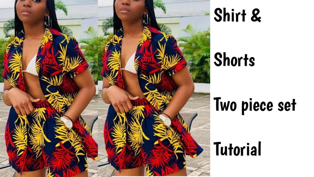 Two piece female button down shirt and shorts