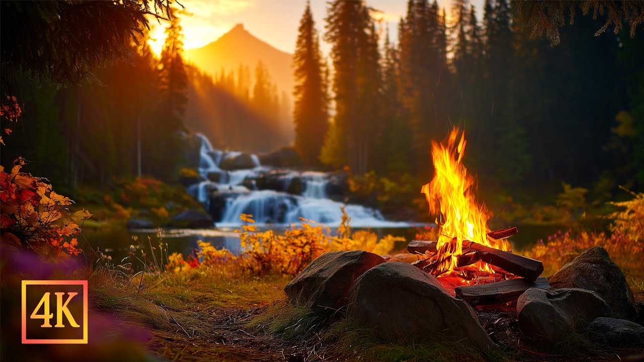 Autumn Campfire by the Waterfall 🔥🍂 | Relaxing Nature Ambience 4K