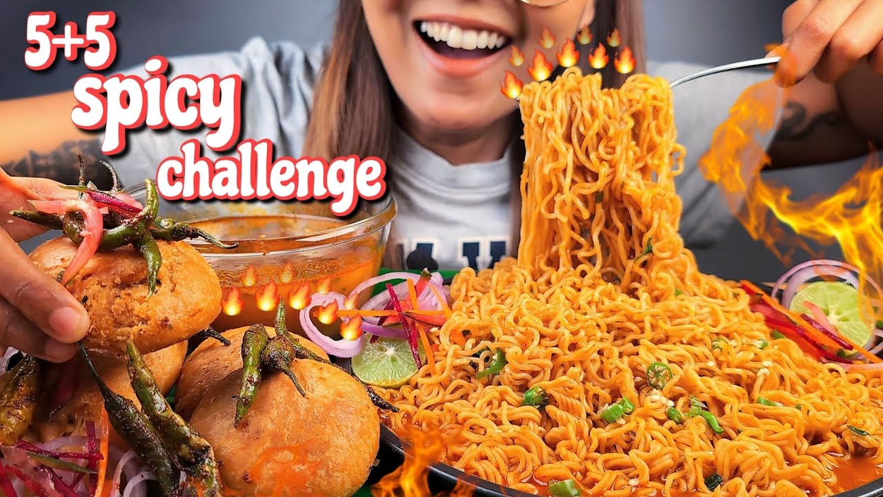 EATING DAL KACHORI WITH SPICY NOODLES CHALLENGE VIDEO | KHASTA DAL KACHORI WITH SPICY NOODLES ASMR