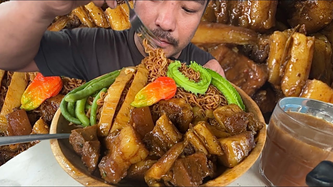 Delicious fatty pork with noodles and veggies || kents vlog.
