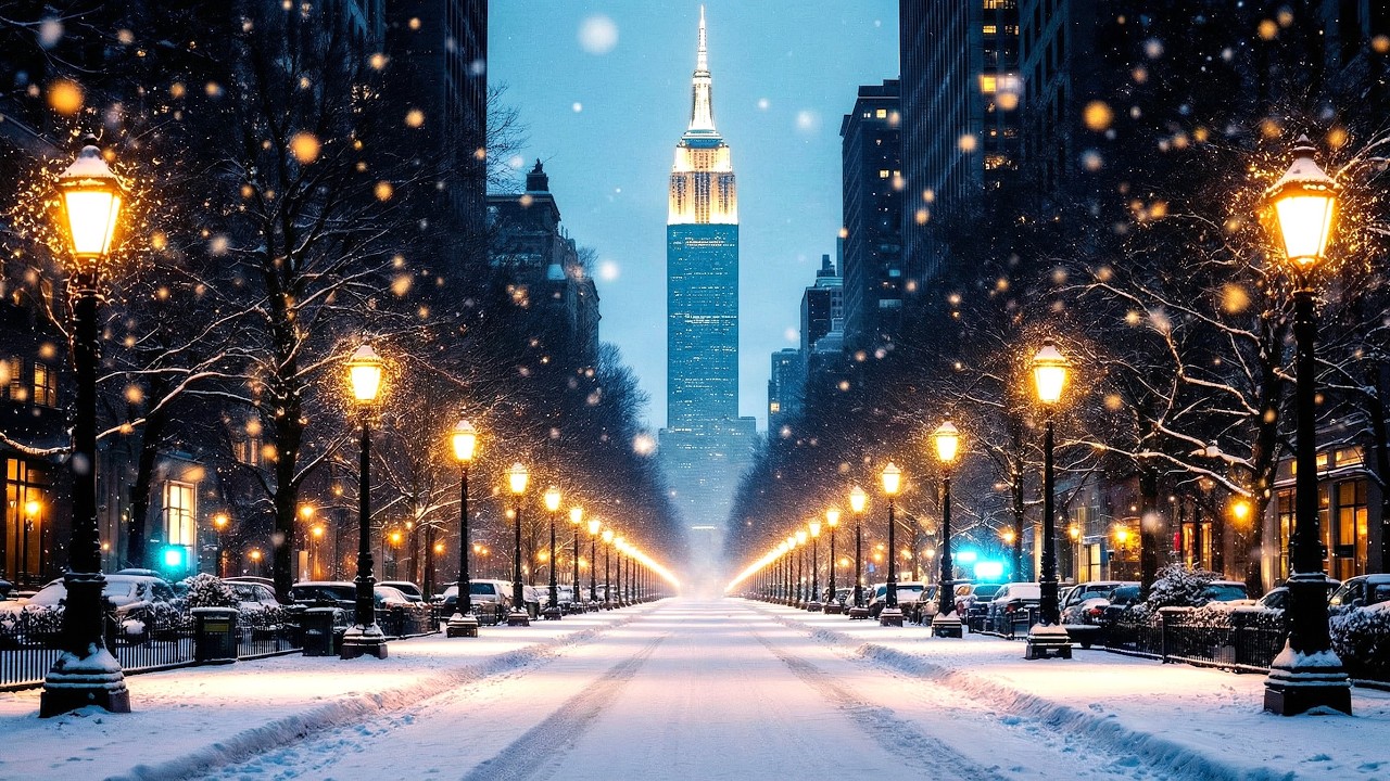 Нью-Йоркская зимняя ночная атмосфера ❄️, падающий снег, тёплые уличные фонари и чистое спокойствие