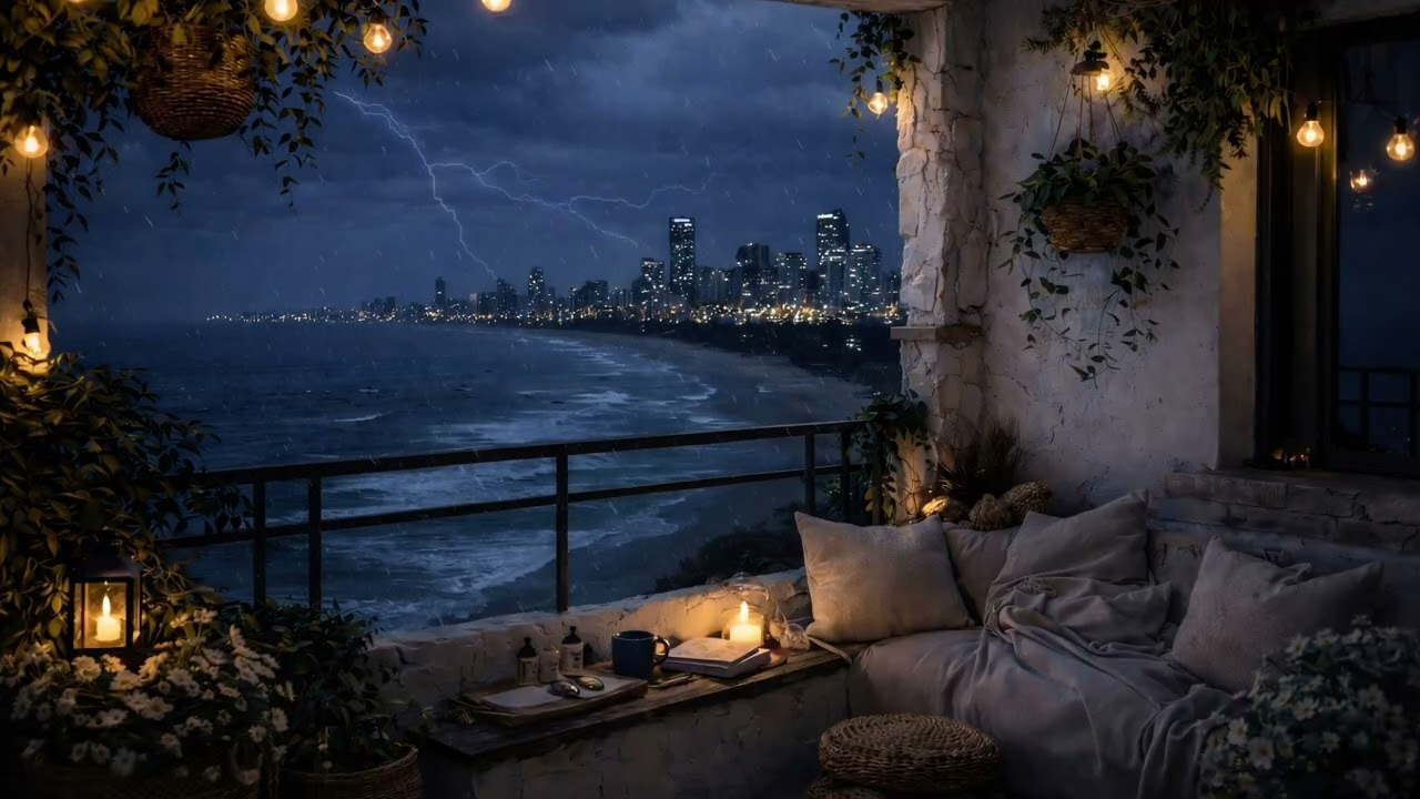 Stormy Coastal Night Balcony 🌩️ Rain, Thunder & Lightning Over Ocean City | Cozy Ambience 4K