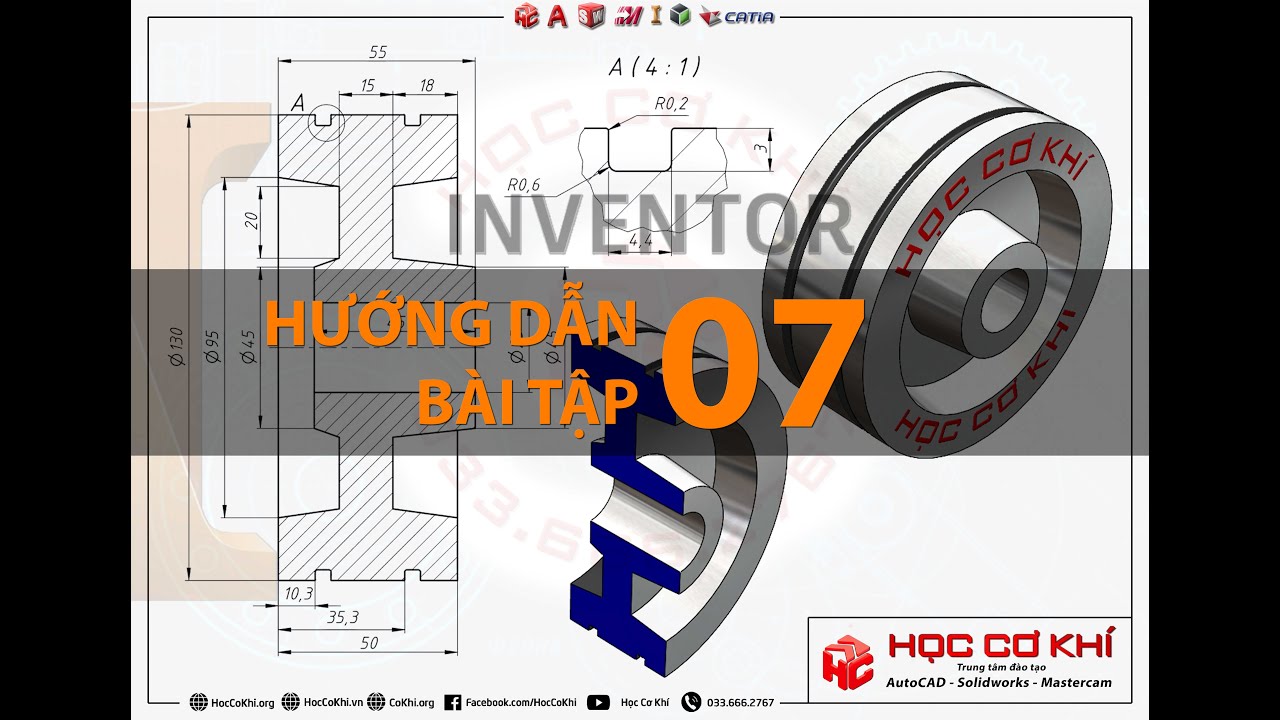 [hoccokhi] Hướng dẫn vẽ bài tập số 7 | Bài tập Inventor