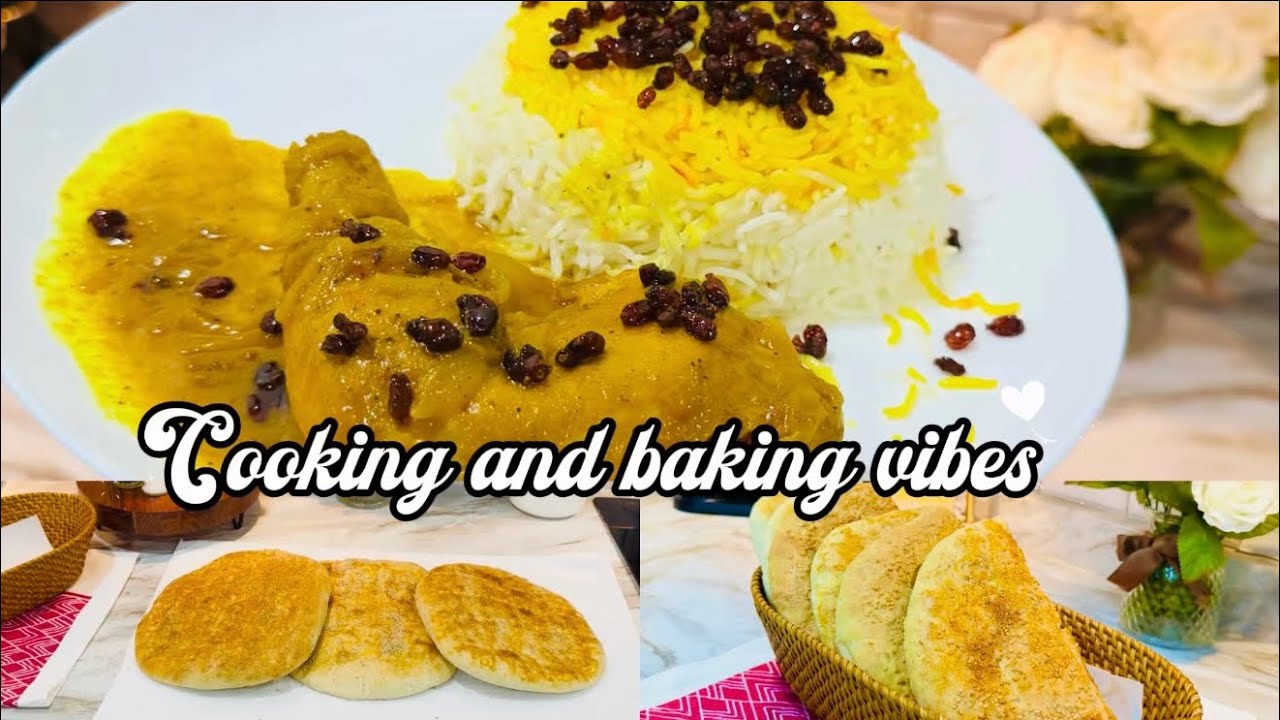 Cooking rice with caramelized chicken and bread at homeزرشك پلو با مرغ كاراملي