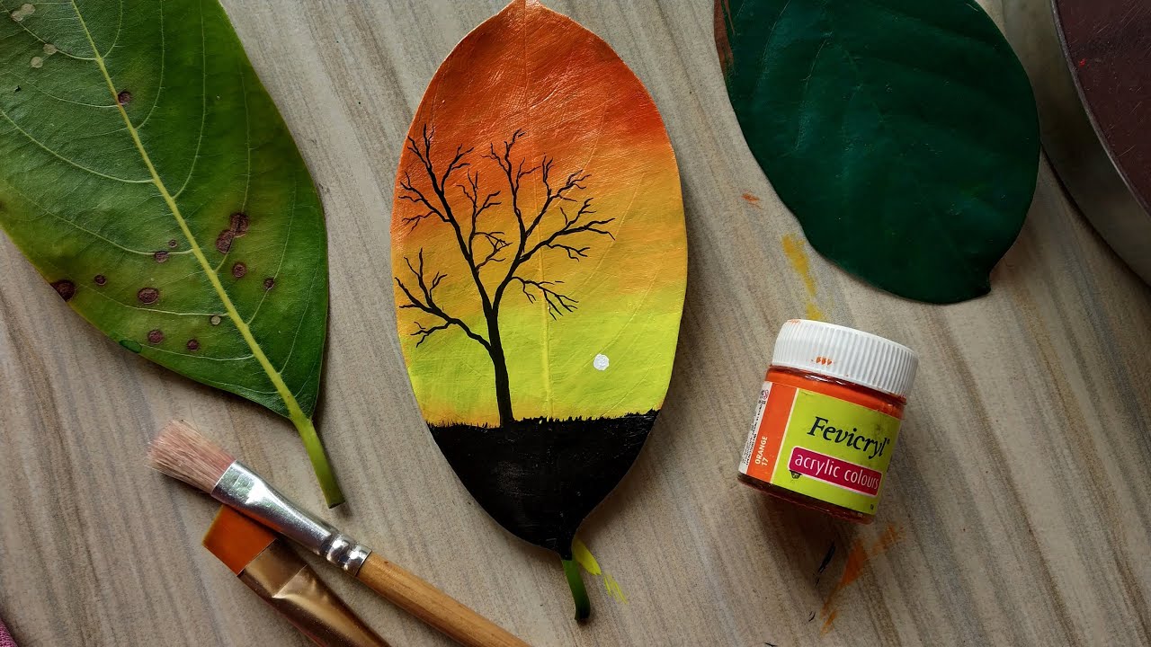 Leaf painting | leaf art painting| Acrylic paint on leaf | how to paint sunset scene in leaf |