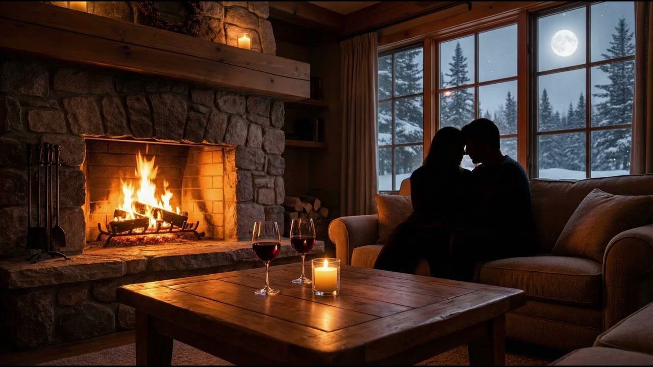 Romantic Jazz & Crackling Fireplace 🍷 Cozy Midnight Ambience for Lovers