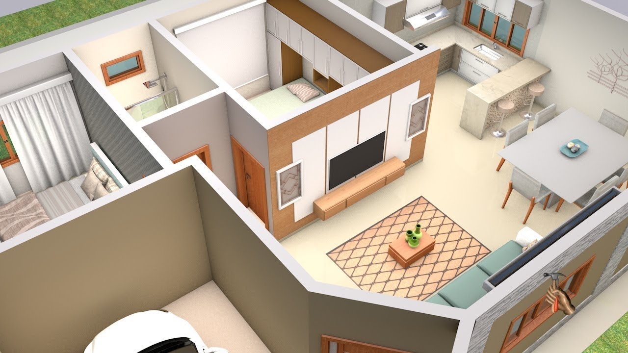 Planta de Casa  3D com dois Quartos e Cozinha Americana