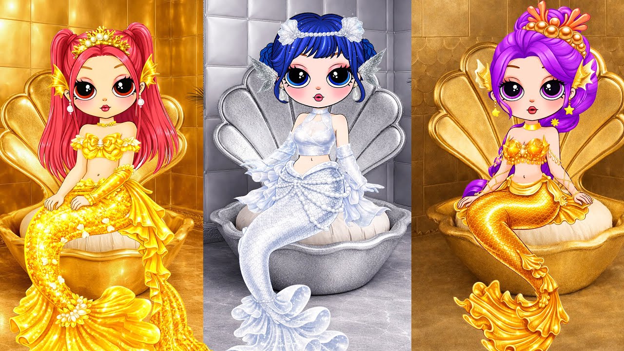 Rumi, Zoey & Mira Glow Up in Gold vs Silver vs Bronze MERMAID Fashion in TOILET | DIY Paper Dolls