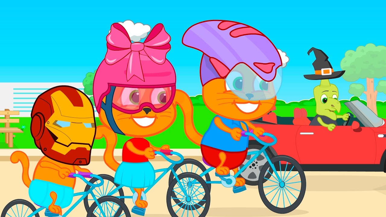 Cats Family in English - Racing bike Cartoon for Kids