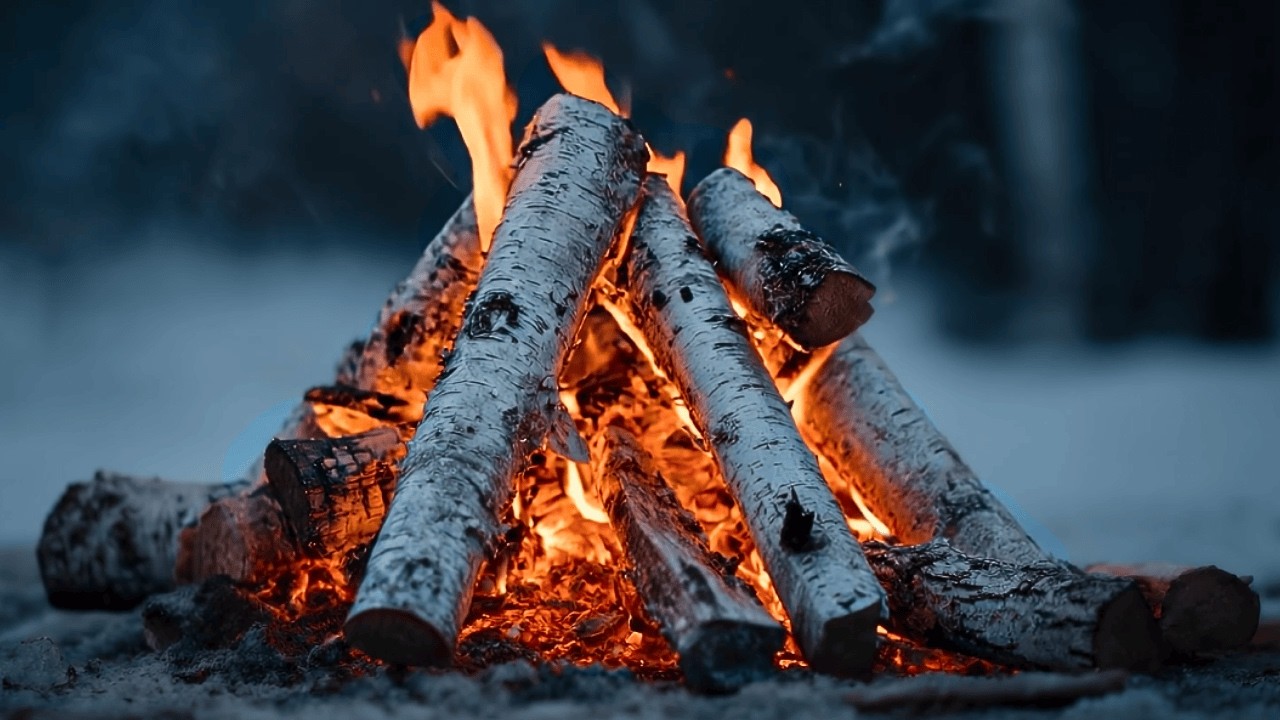 Arctic Winter Campfire at Dusk ❄️ Cozy Birch Fire Ambience for Sleep & Relaxation (10 Hours)