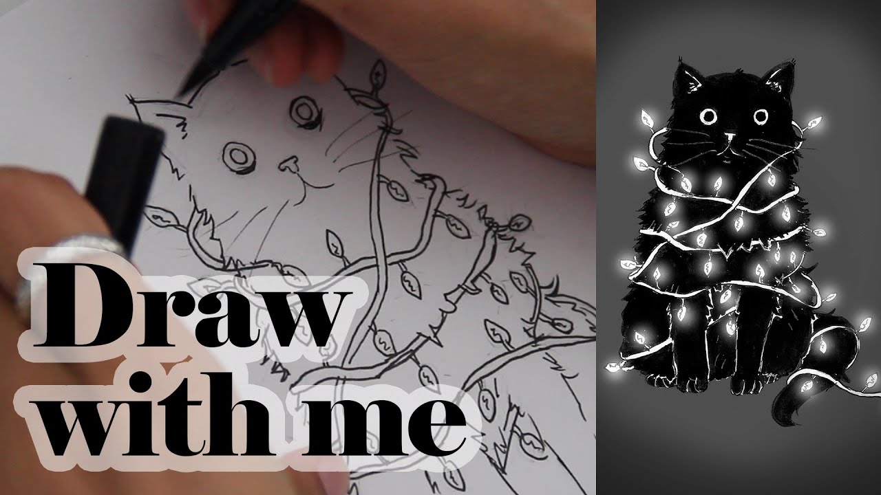 Relaxing December draw with me 💡 A silly cat in christmas lights | Heavy Shadows