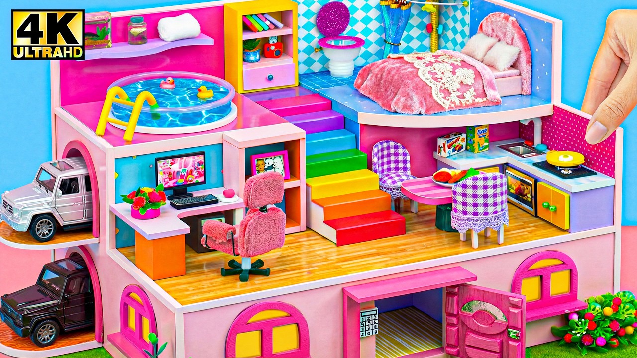 Build Rainbow Staircase Miniature Mansion with Rooftop Pool and Pink Bedroom ❤️ DIY Miniature House