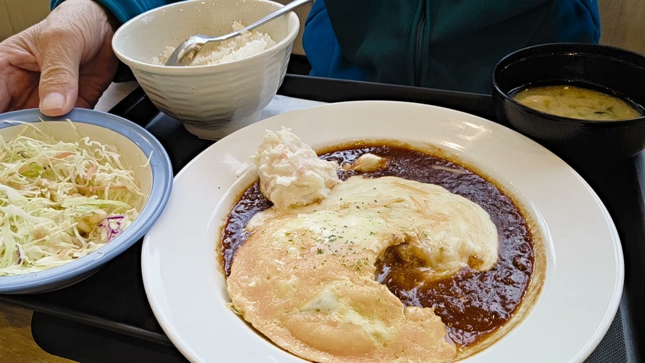 #初春ハンバーグ　#チーズオムレツデミグラスソースハンバーグ定食　１３８０円　不破郡垂井町綾戸　松屋垂井店　