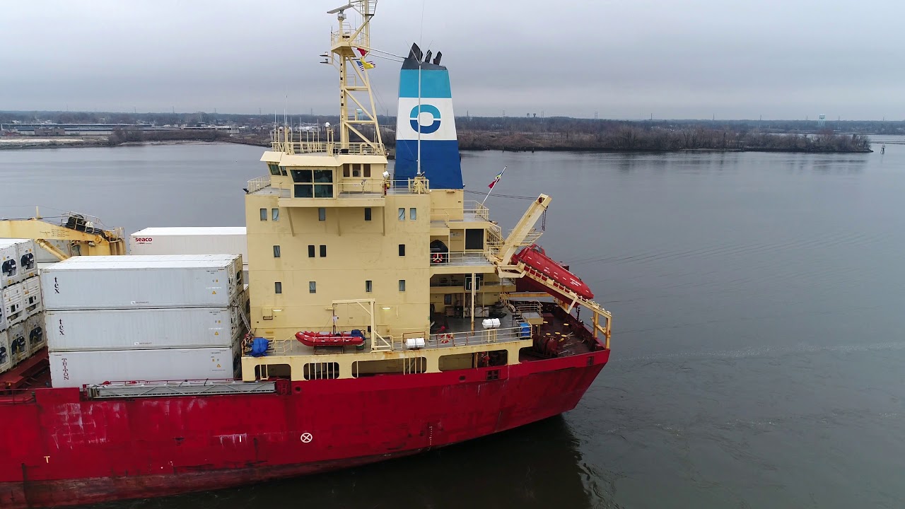 Aerial Drone Video of Cargo Ship Knud Reefer Delaware River Philadelphia