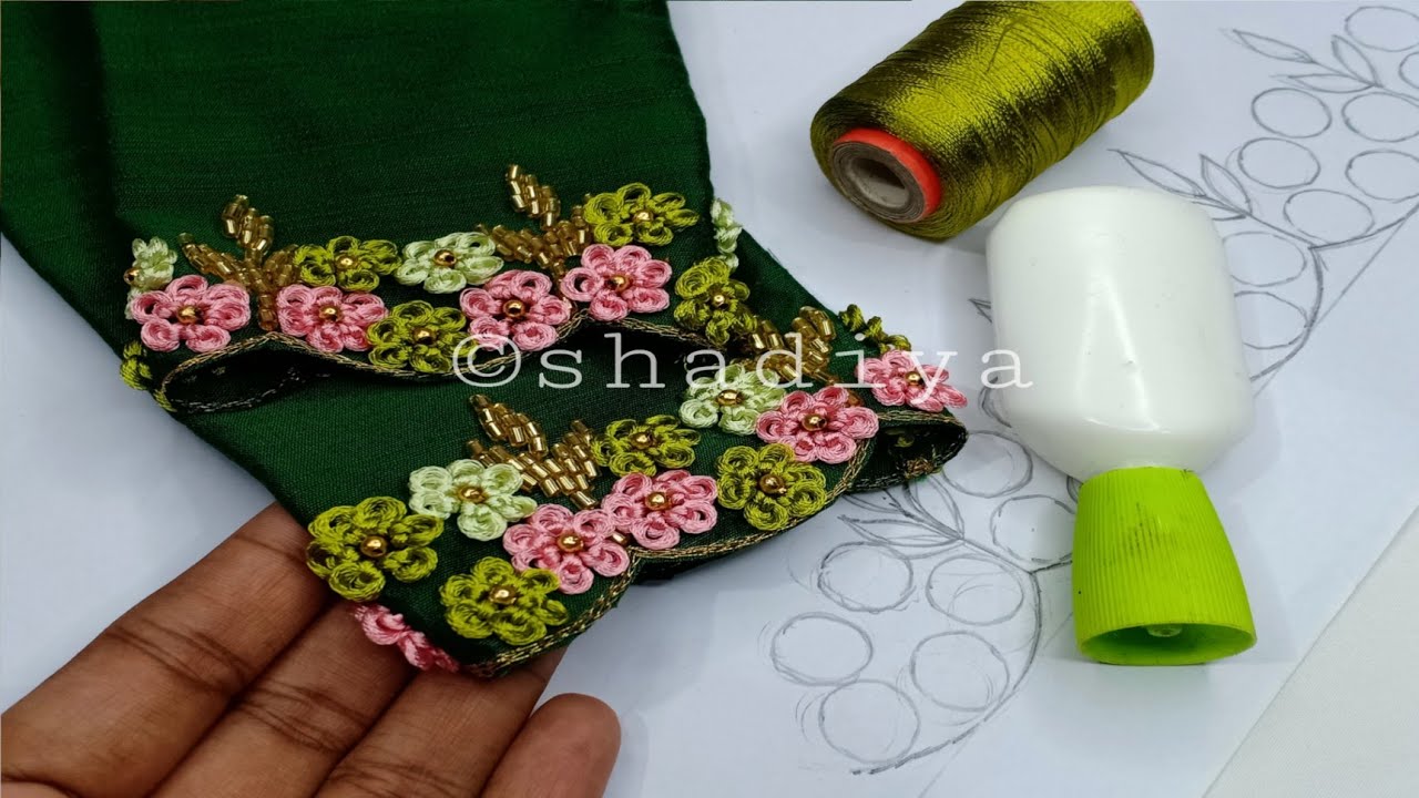 Scalloped embroidery sleeve with normal needle and silk thread|hand embroidery ring knot flower