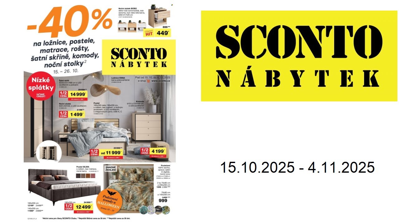 Let&aacute;k SCONTO N&Aacute;BYTEK - -40% na ložnice, postele, matrace, ro&scaron;ty - 15.10.2025 - 4.11.2025