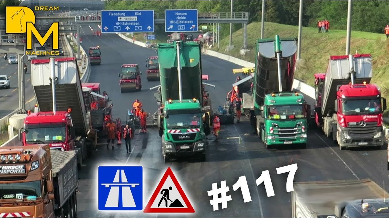 Autobahn Straßenbau XXL 🚧 4 Asphaltfertiger gleichzeitig + 6 Walzen Mega Autobahn Baustelle 117