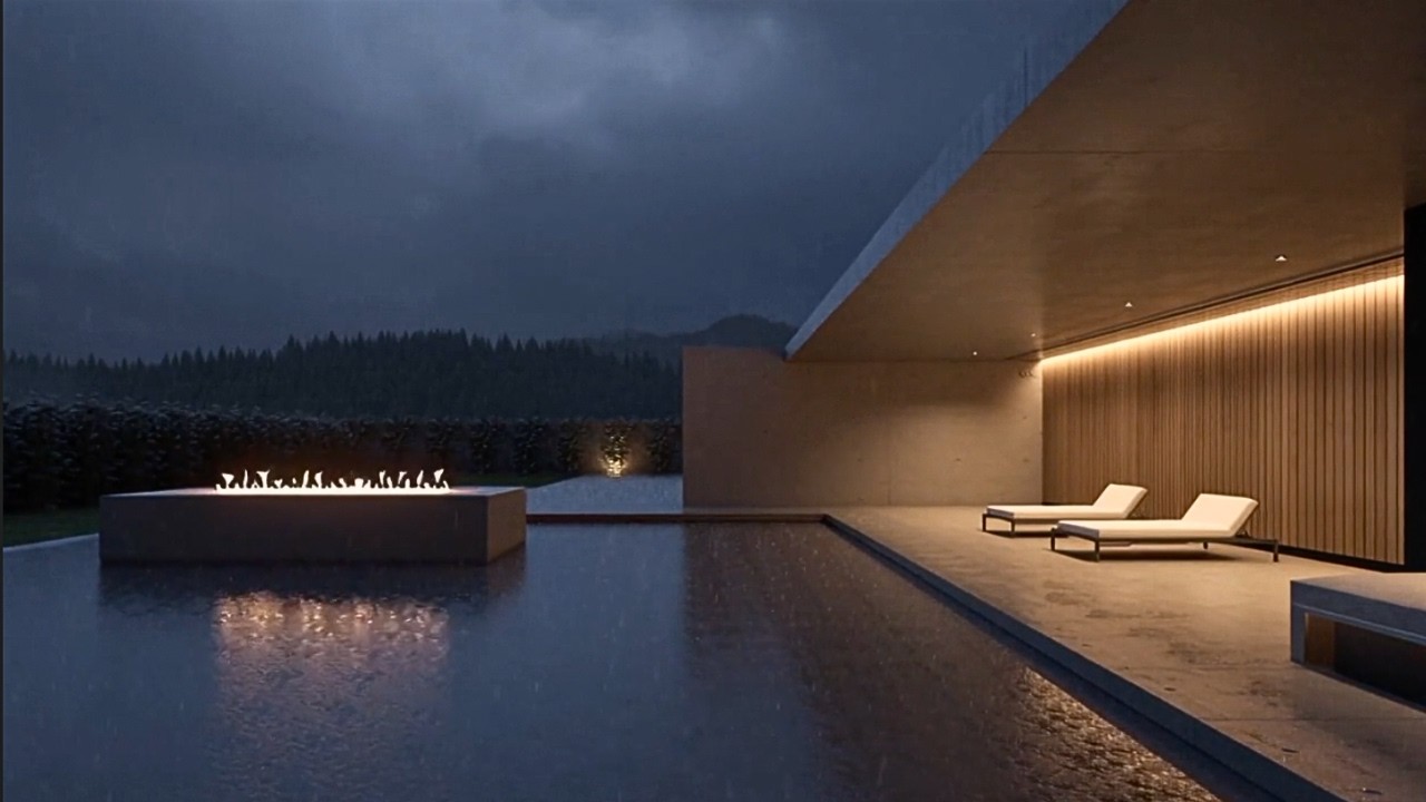 Gentle Rain Sounds for Deep Sleep | Luxury Infinity Pool & Fire Pit Night Ambience
