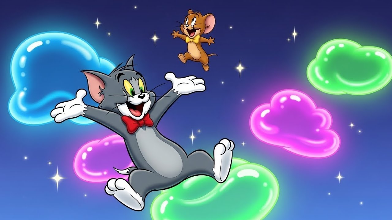 Tom and Jerry jumping on the glowing jelly clouds 