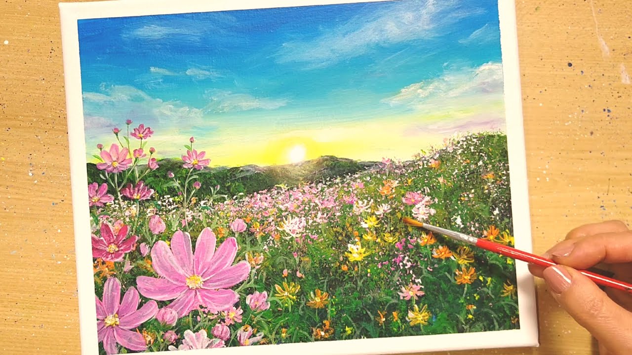 アクリル絵の具で【コスモスの花畑】を描く方法/朝日の風景/初心者のための簡単なアクリル画/Step by step