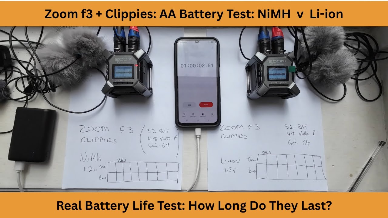 Zoom f3 + Clippy Mics | AA Real Life battery Test | NiMH v Li ion | Which Lasts Longer for Recording
