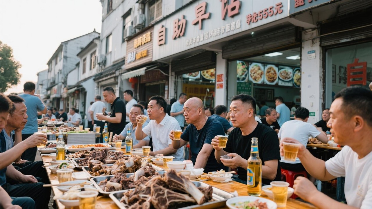 湖州练市镇自助餐式早酒，带骨羊肉95元一斤，白酒黄酒啤酒免费喝【舟小九】
