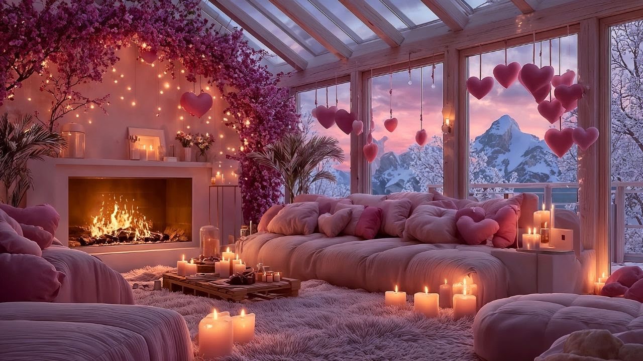 💘 Pink Valentine Fireplace Lounge 💕 Cozy Jazz & Romantic Winter Ambience for Work, Study & Relax