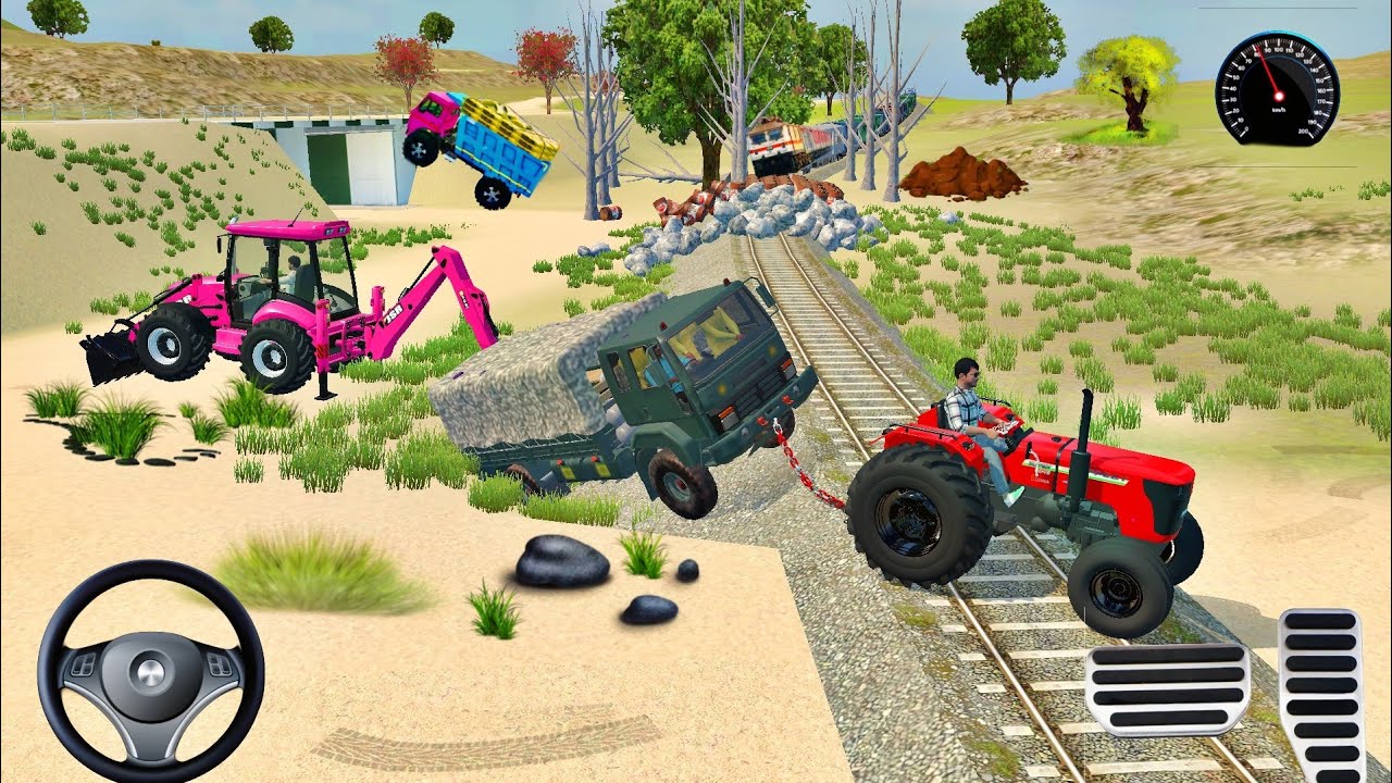 Indian army truck stuck in railway track😱 rescue by #tractor and #jcb  #viral #railway #games #track