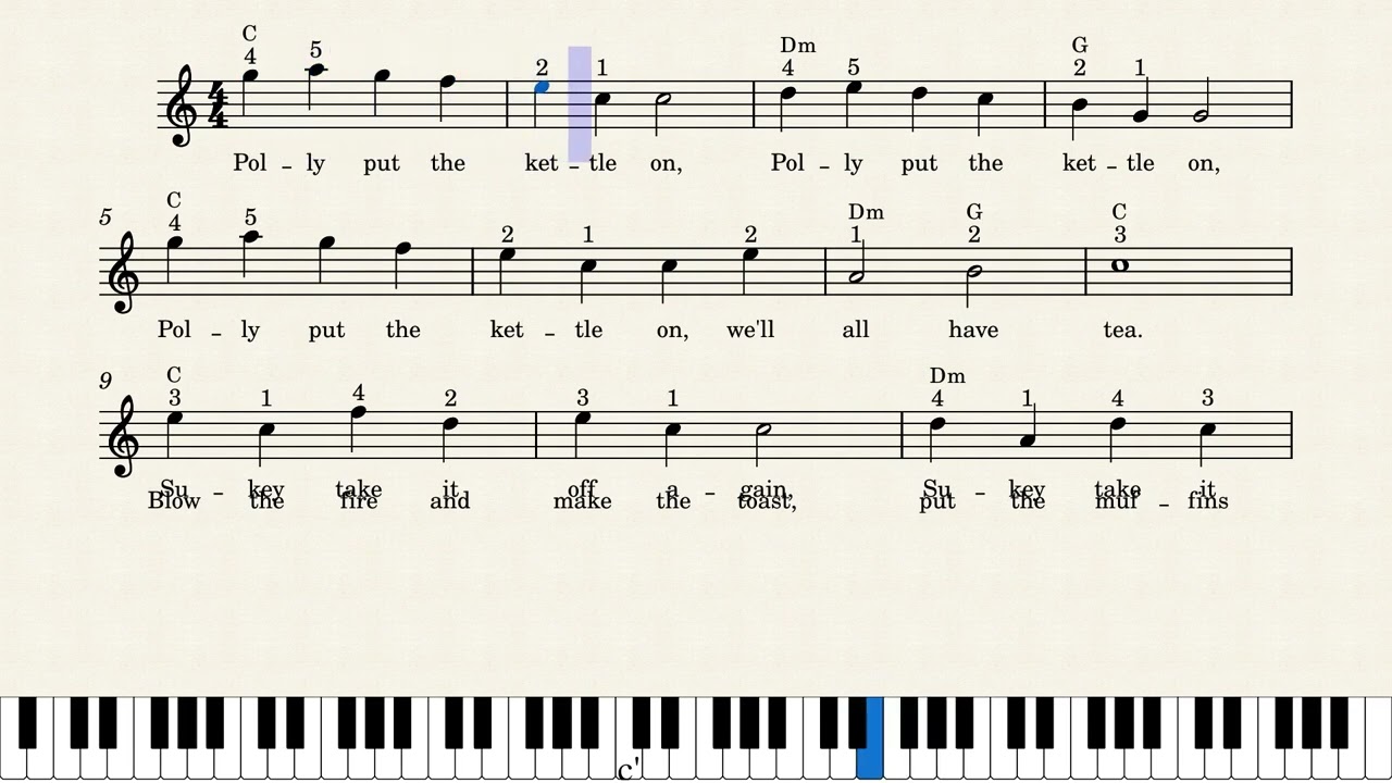 Easy Piano Tutorial: How to Play Polly Put The Kettle On, Notes + Lyrics