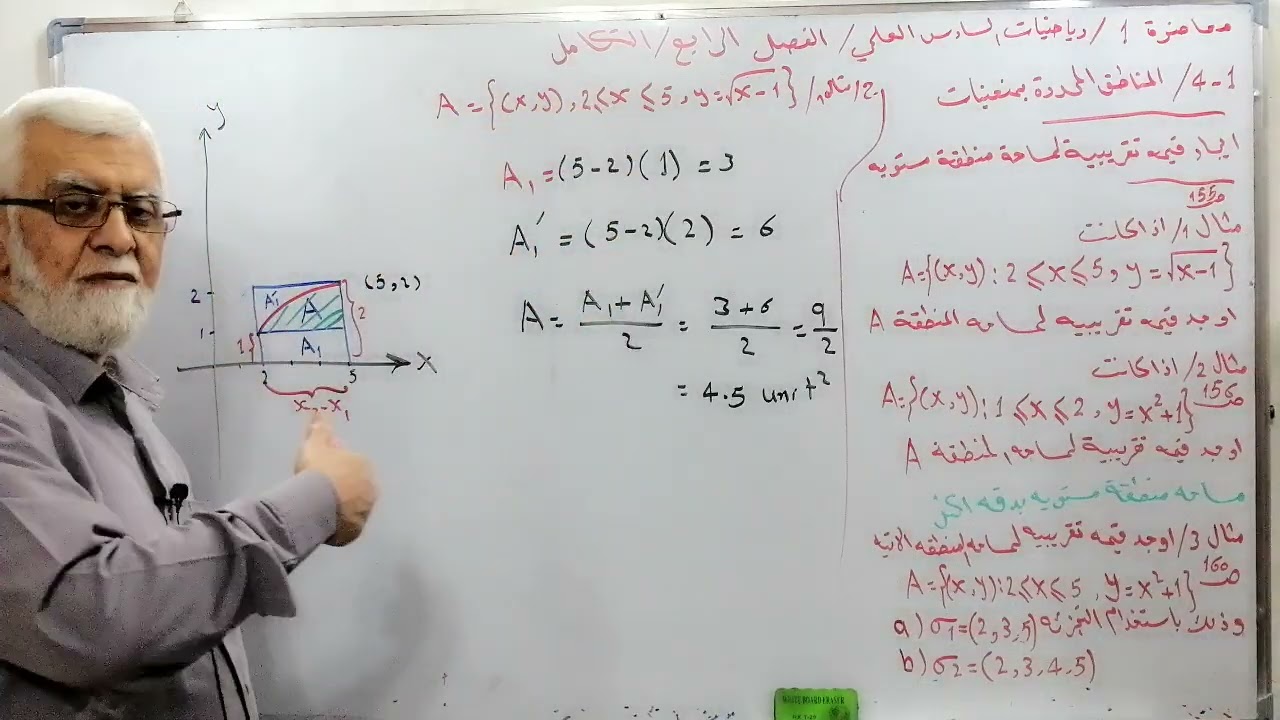 محاضرة1/ التكامل/ ر س ع/الفصل 4/ايجاد قيمة تقريبية لمساحة منطقة معينة/مثال1ص155/مثال 2ص156/مثال3ص160