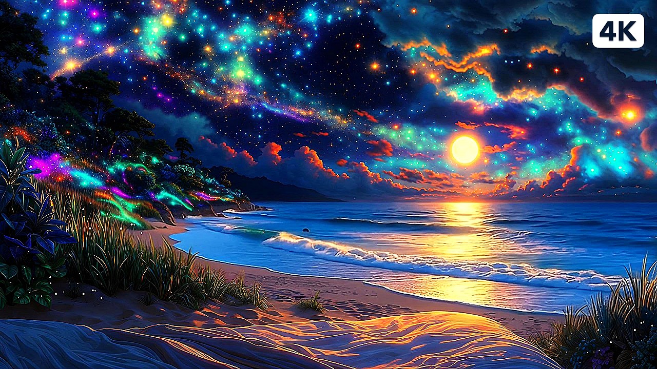 Bioluminescent Fantasy Beach ✨ Smooth Jazz & Sunset Waves | Relaxing Sleep & Study (4K)