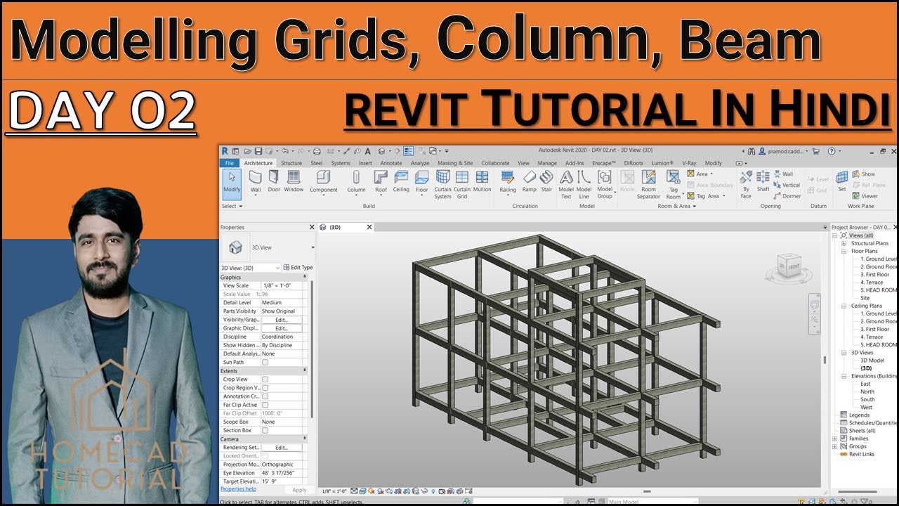 Day 02 Grids, Column Beam Model in Revit Architecture | 24x50 Home Design