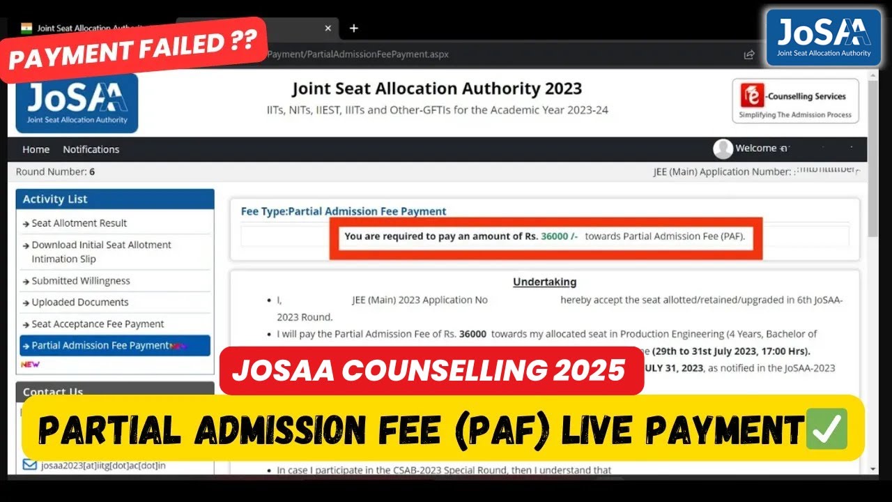 🚨Partial Admission Fee JOSAA PAYMENT LIVE✅ | Partial Admission Fee 2026 | PAF JOSAA 2026